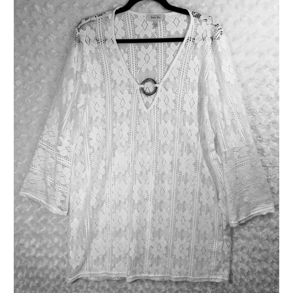 Aruba Blue Women's Size L White Lace V-Neck O-Ring Bell Sleeve Swim Cover Up